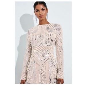 Peace + Love White Pearl Embellished High Neck Mini Dress